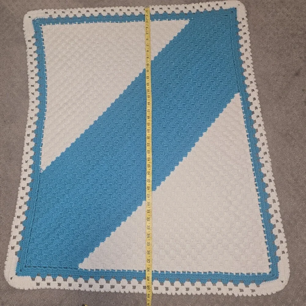 Vintage Handmade Crochet Afghan Lap Blanket Turquoise White 41x32 Retro